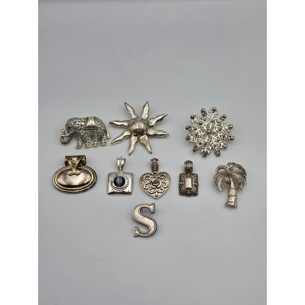 Lot of 9 Jewelry OS Silver Good Pendants‎ Brooches Elephant Sun Heart pendant